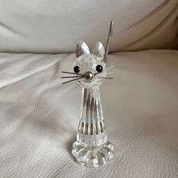 Swarovski Clear Crystal Cat Figurine with Silver Tail & Whiskers Signed
