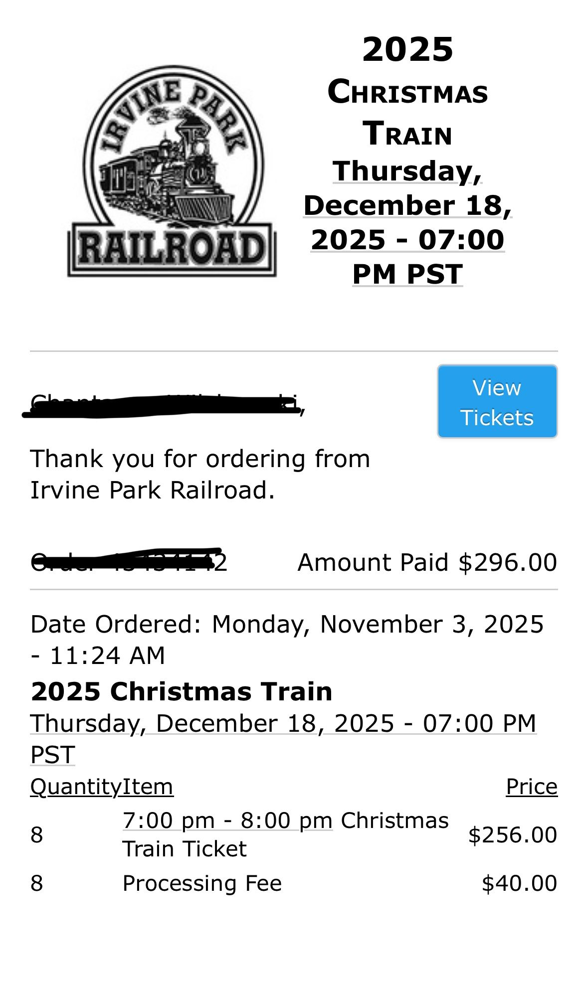 Irvine Christmas Train 2025 