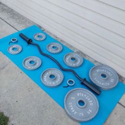 OLYMPIC CURL BAR/ COLLAR/ WEIGHTS 