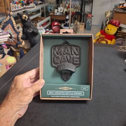 "NEW " Solid Cast Iron Wall Mounted Bottle Opener W/Mounting Hardware-Says "MAN CAVE" 5"H x 3.75"W