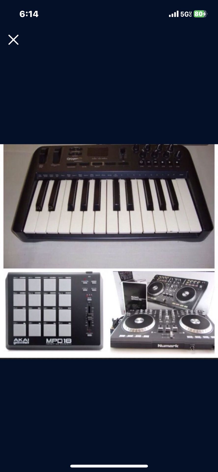 Oxygen 25 Midi Keyboard, Akai MPD 18 Controller, Numark Mixtrack DJ Controller