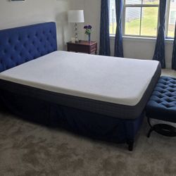 Blue Upholstered Bed Frame and Bench