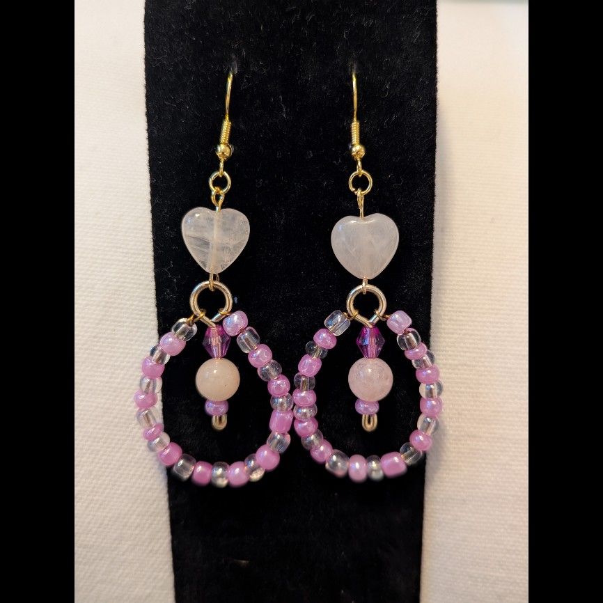 Handmade Beaded Teardrop Dangle Earrings with Rose Quartz Hearts