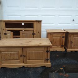 Kirkland Pine Furniture Set, TV Stand, Coffee Table, 2 Bookshelfs, 2 Side Tables