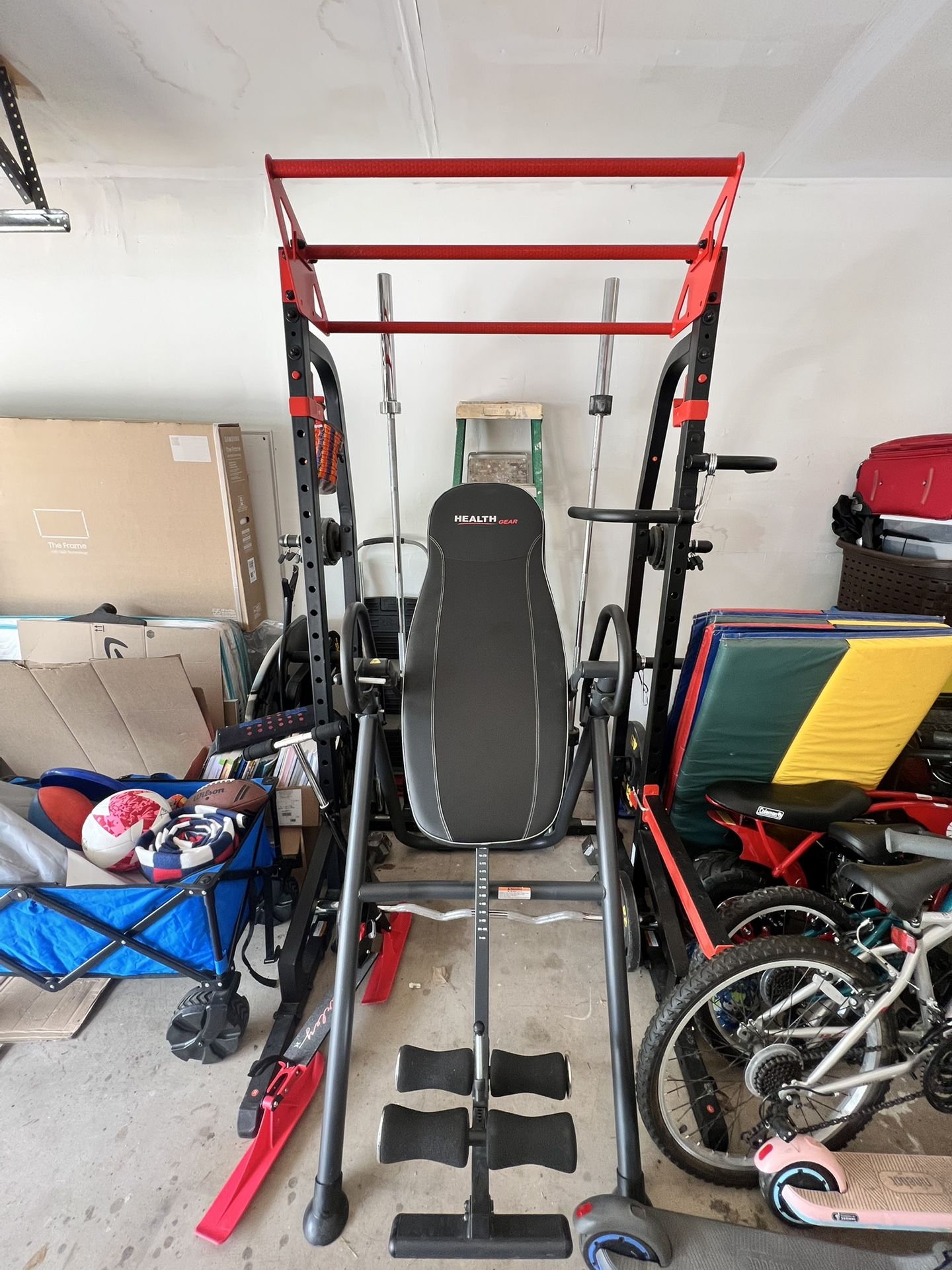 Squat rack, Plates, Bars, Inversion Table