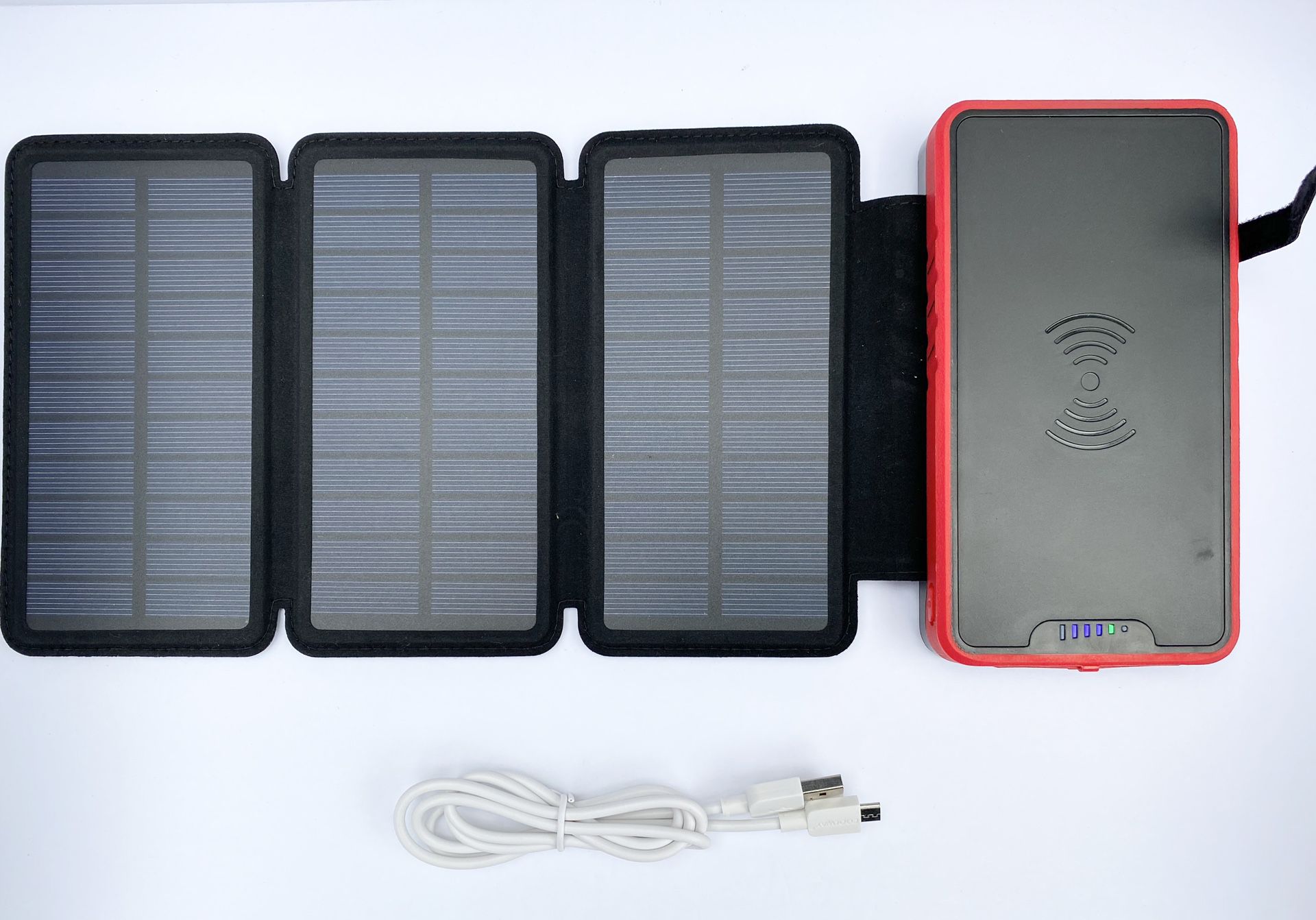 22000mAh Wireless Portable Solar Charger, External Backup Battery, 3 Output Ports, 4 LED Flashlights, Carabiner, IP54 Rainproof for Camping, Outdoor
