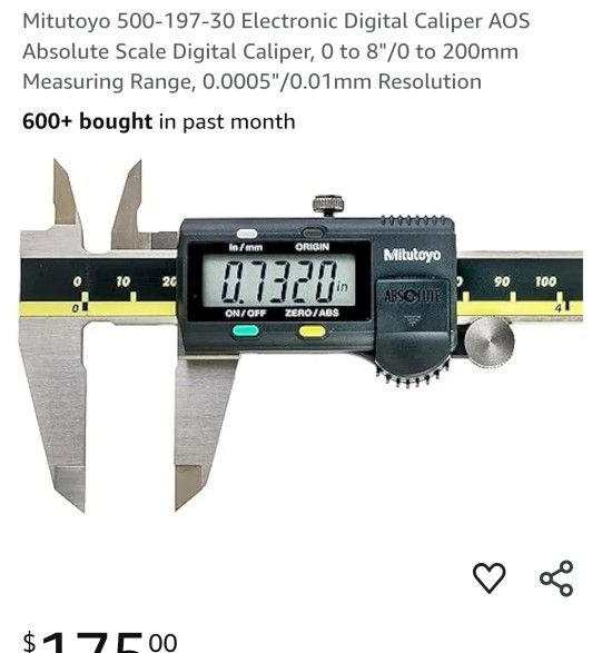 New Mitutoyo 500-197-30 Electronic Digital Caliper AOS Absolute Scale Digital Caliper, 0 to 8"/0 to 200mm Measuring Range, 0.0005"/0.01mm Resolution