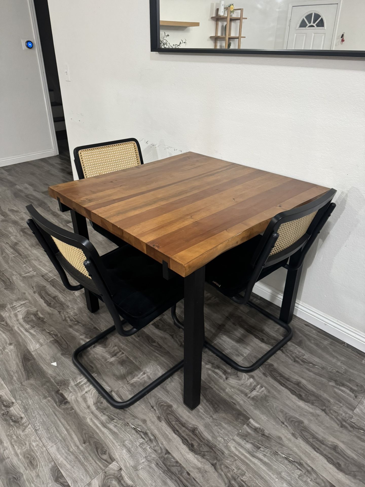 Walnut Dining Table With 4 Black Rattan Chairs