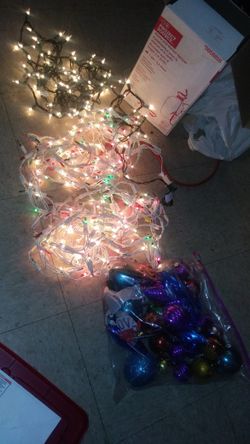 Christmas lights and plastic ornaments $20 for all