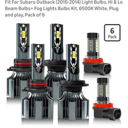 Fit For Subaru Outback (2010-2014) Light Bulbs, Hi & Lo Beam Bulbs+ Fog Lights Bulbs Kit, 6500K White, Plug and play, Pack of 6