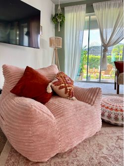 Oversized Plush Foam Bean Bag Lounge Chair | Blush Pink Corduroy | $285 Retail