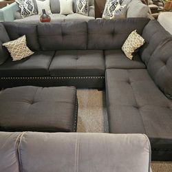 Brand New 104" x 75" Black Linen Reversible Sectional + Ottoman