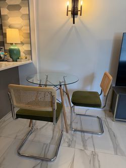 Pair of AllModern Green Velvet & Cane Dining Chairs – Chrome Cantilever