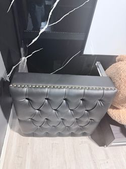 Gray Tufted Leather Storage Ottoman Bench
