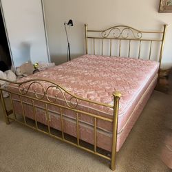 Queen Size Gold Bed Frame, Mattress and Box Spring Very Clean and Good Condition 