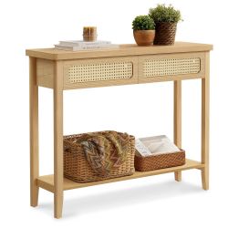 Console Table, 2 Drawers, Open Storage Shelf, Rounded Corners Boho Entryway Table, Narrow Sofa Table, Behind Couch Table, for Living Room, Oak Beige, 