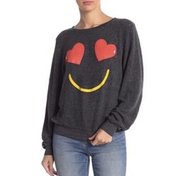 Wildfox XS Women’s  Sweatshirt Oversized Gray Baggy Beach Smiley Emoji Red Heart Fuzzy Sweatshirt 