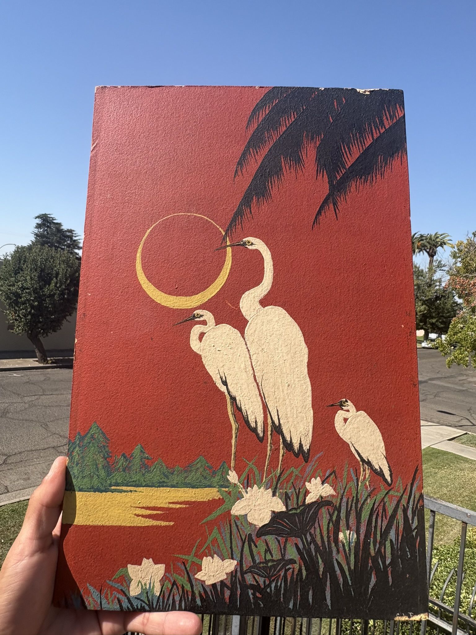 Asian Inspired Wall Art: Red Moon & Cranes - Vintage Chinoiserie