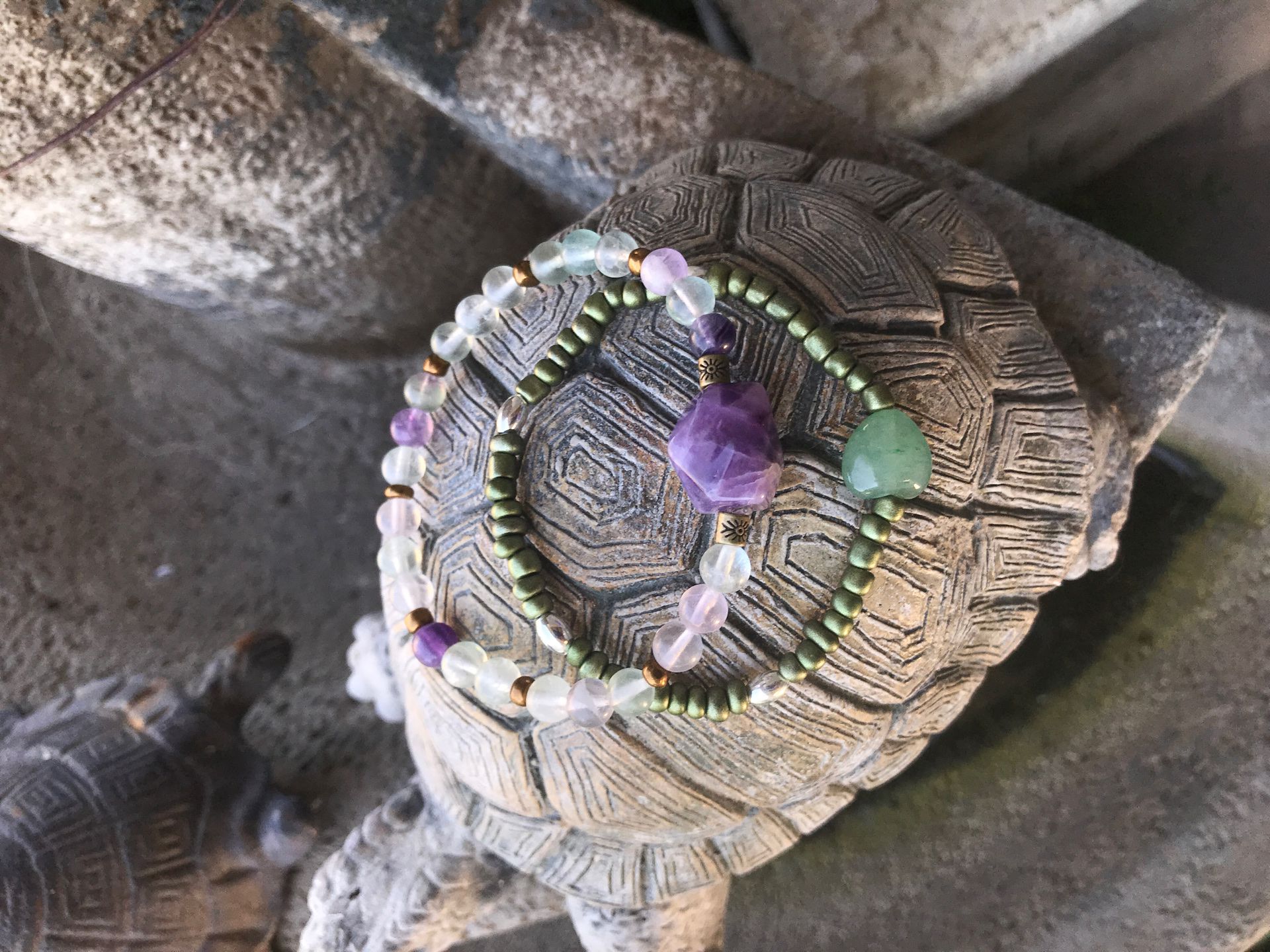 Fluorite, amethyst and jade stretch bracelets size 7.5 inches