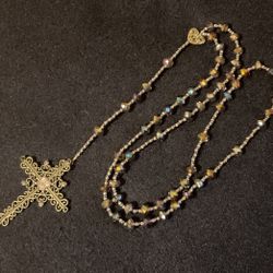 30” Purple Crystal Necklace With Extended Cross Pendant With Rhinestone