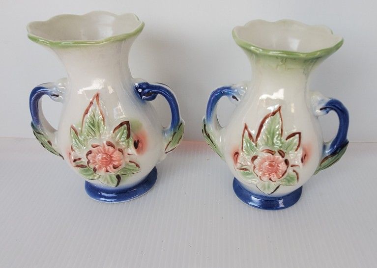 
2 Vintage Floral Vases Lusterware Ornate trophy Brazil Blush Mint Blue 5" Pair

