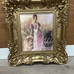 Framed African Woman & Lion Art Print Ornate Gold Vintage Frame 19x21 Wall Decor