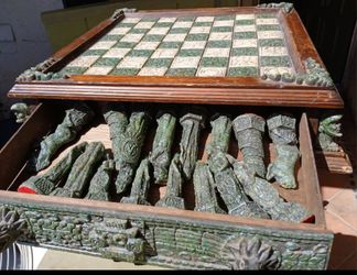 Large Vintage Aztecs vs Conquistadors Stone, Resin, and Wood Chess Set