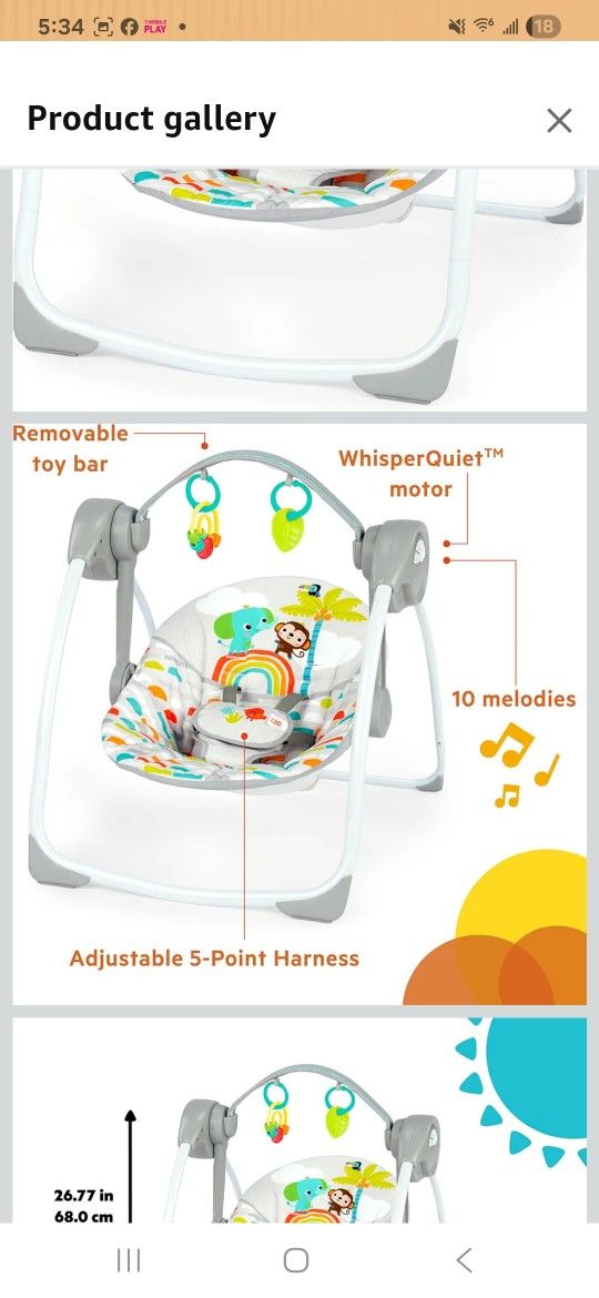 Bright Starts Playful Paradise Portable Compact Automatic Baby Swing with Music, Unisex, Newborn +