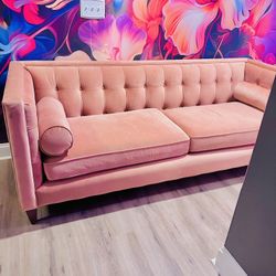 Macy’s Tufted Velvet Couch in Peach Orange Velvet 