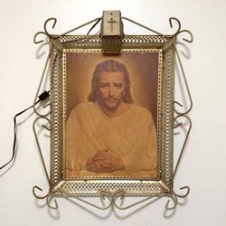 Vintage Antique Peter V. Bianchi Jesus Christ Picture Ornate Brass Filigree Lighted Wall Frame