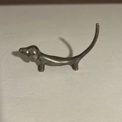 Vintage Solid Brass Dachshund Figurine Ring Holder Crystal Eyes