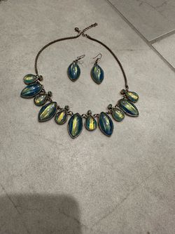 Blue and Gold Statement Necklace and Earring Set