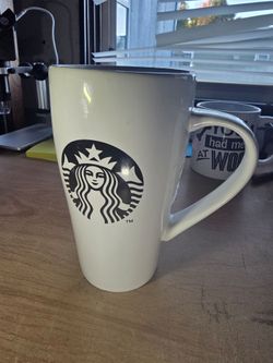 Tall white Starbucks mug,black design