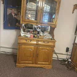 Oak Wood Bevill Glass Display Hutch / Cabinet w/ Storage Drawers and Doors