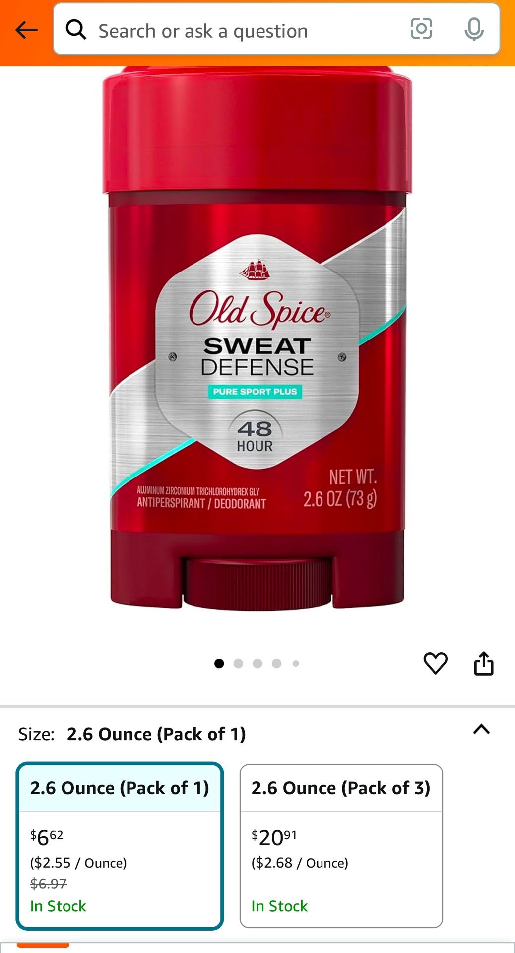 Old Spice Sweat Defense Antiperspirant and Deodorant Soft Solid for Men, Pure Sport Plus, 2.6 oz