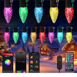 Brightown C9 LED Christmas Lights Outdoor, 150LED RGB Smart Christmas Tree Lights Music Sync DIY APP Controlled, Waterproof Connectable C9 String 