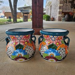 Talavera Small Green Rim Clay Pots, Planters,Plants, Pottery $35 cada uno.