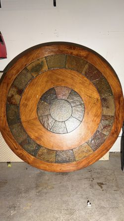 Round Wooden Coffee Table with Stone Inlay – Rustic Style & Set of 4 Solid Wood Dining Chairs – Padded Seats