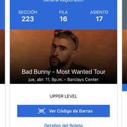 Tickets April 11 NYC Bad Bunny Most Wanted Tour Sec 223 Row 17