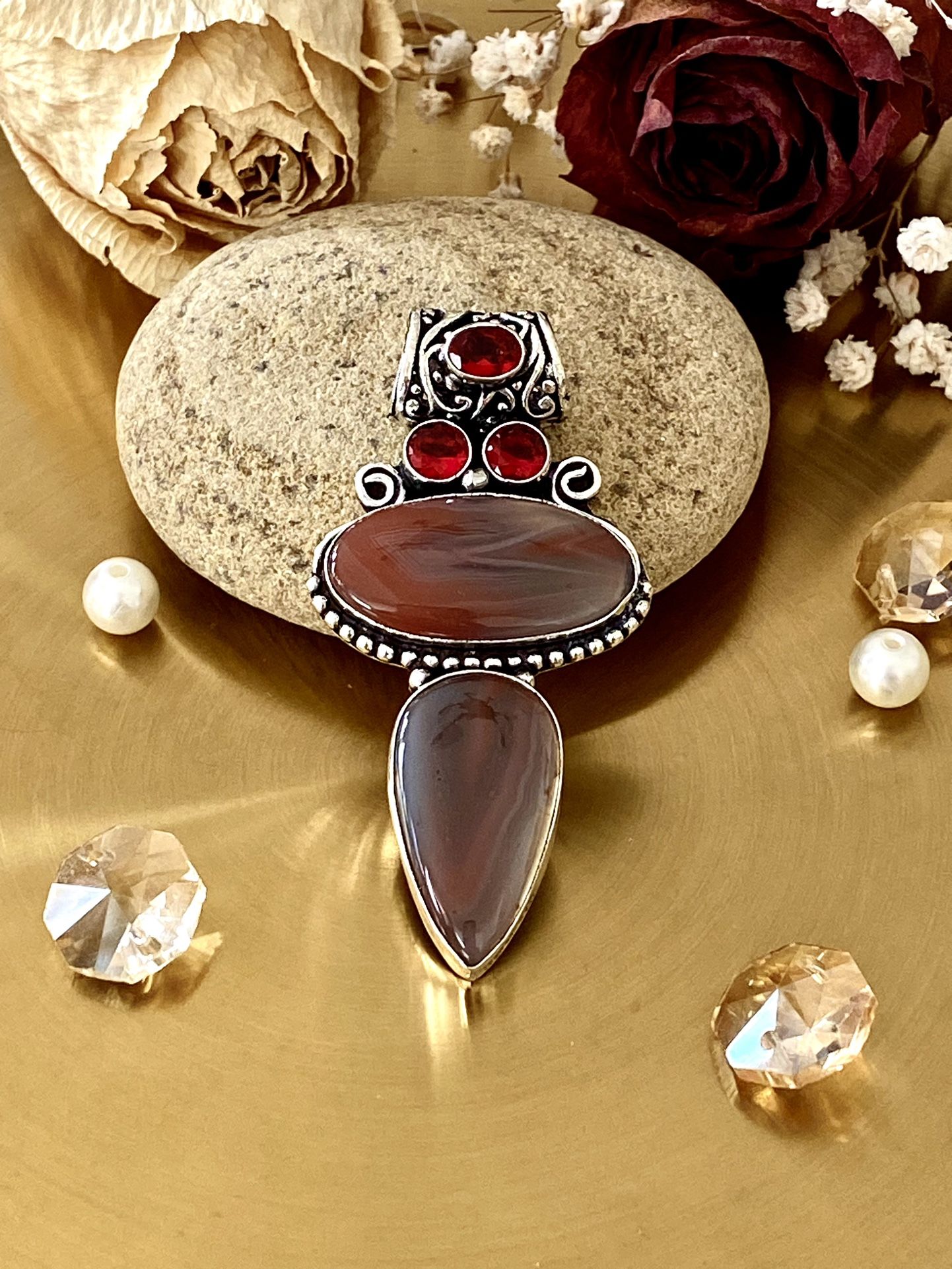 Botswana Agate And Garnet 925 Sterling Silver Overlay Handcrafted Pendant