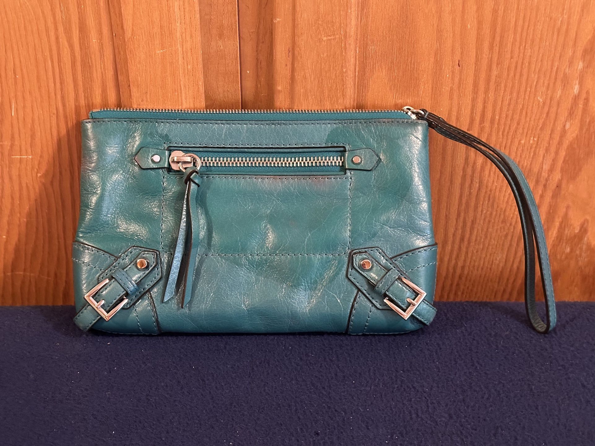 Michael Kors Large Fallon Zip Clutch Wristlet Aqua Turquoise Aquamarine Leather