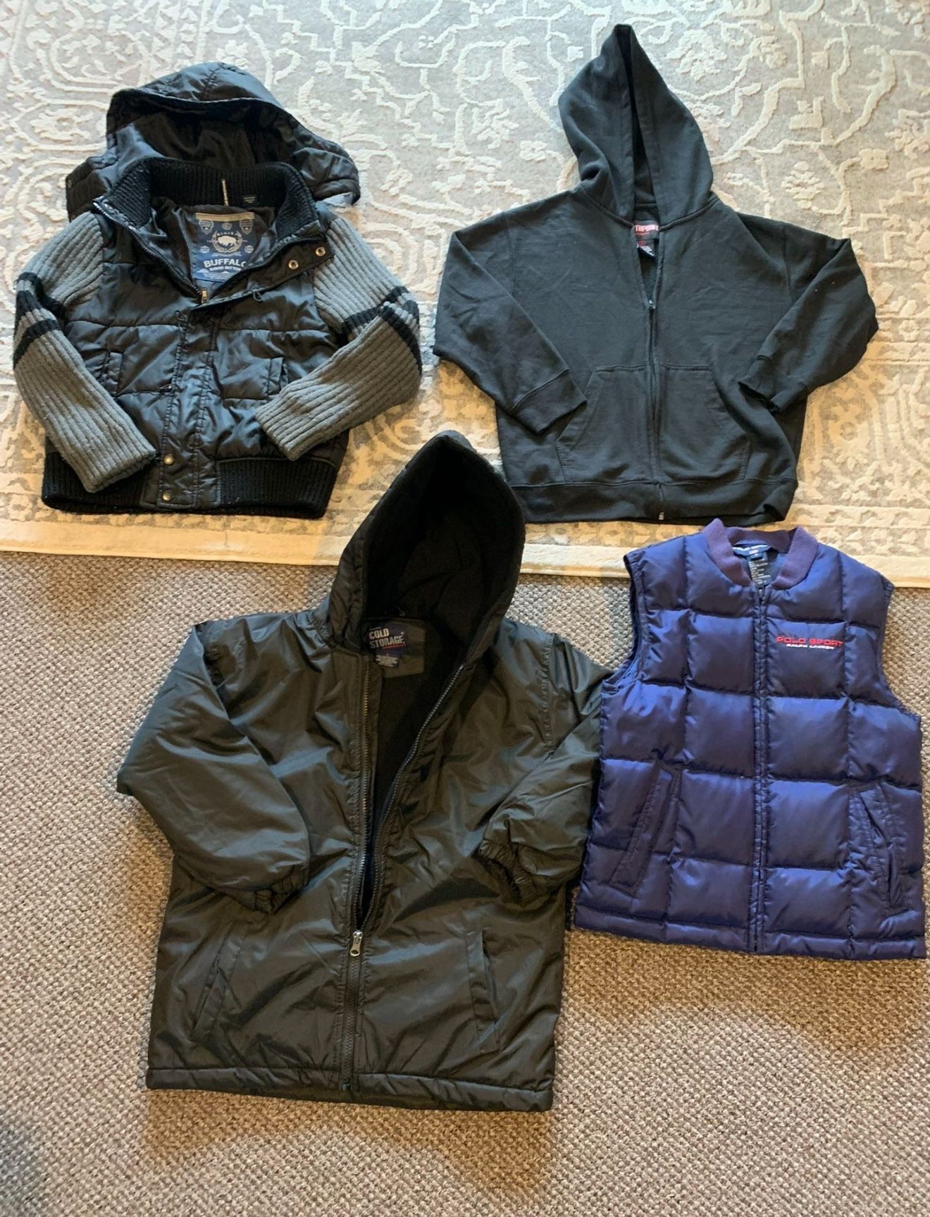 Boys small outdoor clothing lot includes: buffalo jacket, black hoodie, brand new inside fleece