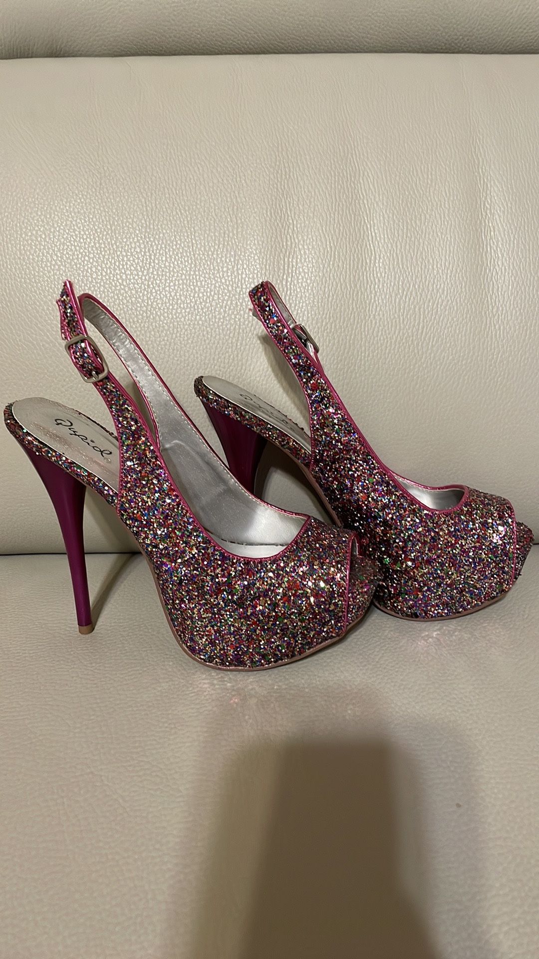 6.5 glitter women’s heel sling back open toe 5.5” pink green silver red rainbow