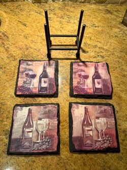 Set of 4 Stone Wine Themed Drink Coasters with Holder