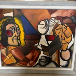 COLORFUL VIBRANT CUBISM ABSTRACT FRAMED OIL PAINTING