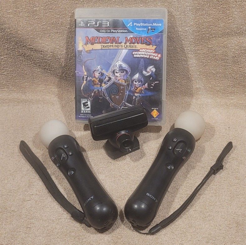 PLAYSTATION MOVE BUNDLE w/2 MOVE WANDS, EYE CAMERA, & MIDIEVAL MOVES GAME * SENSOR WAND SONY PS3 VR