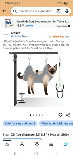 Adjustable Dog Grooming Arm with Clamp, 26"-40" Height, XS Hammock with Back Buckle, No-Sit Groomina Restraint for Small Cats & Dogs
