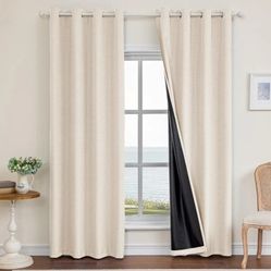 Linen 100% Blackout Curtains for Bedroom, Black Out Curtains 84 Inch Long, Room