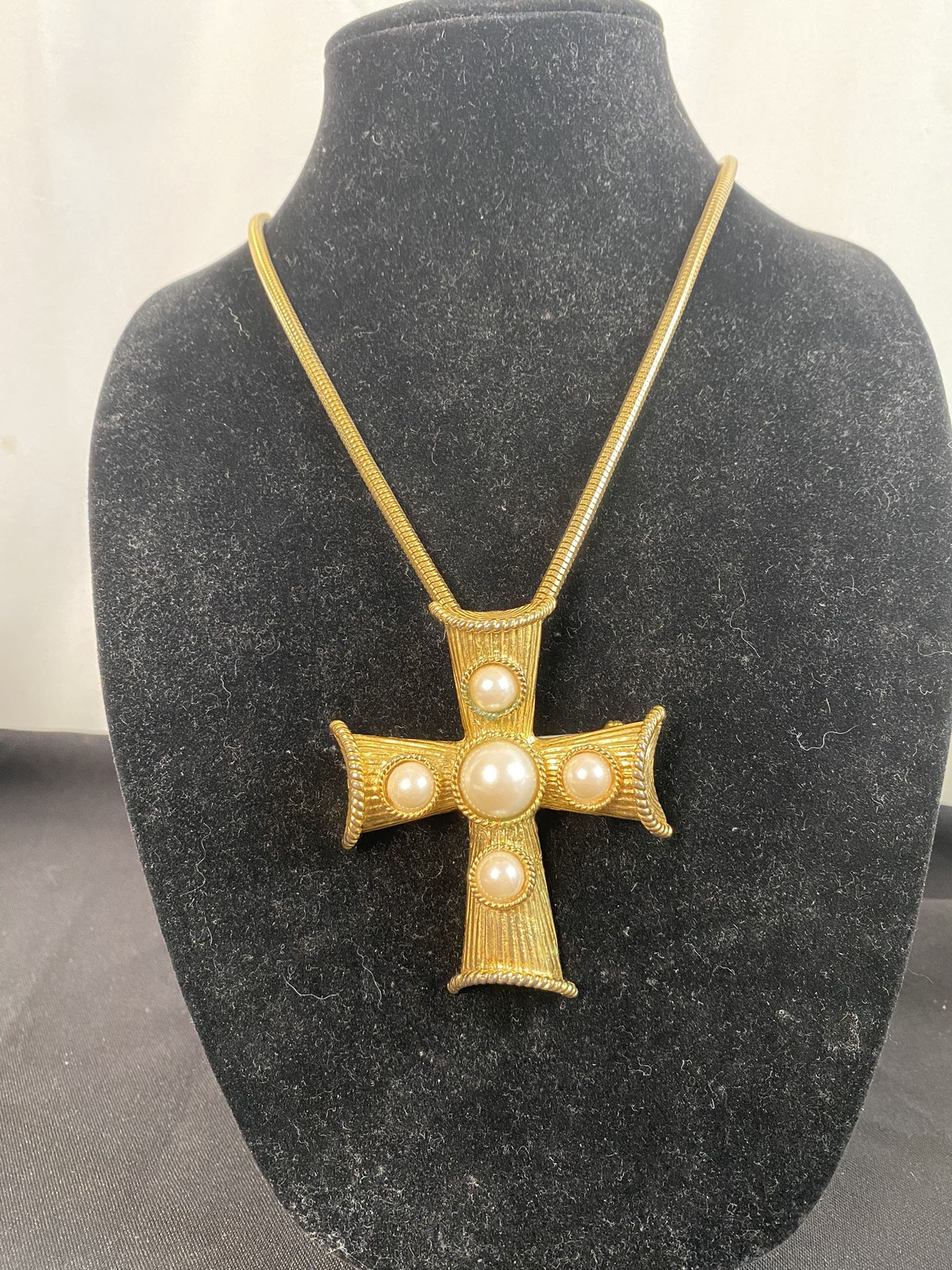Gold Colored Cross with pearl inlays Necklace & Brooch 14” inch length Brand New