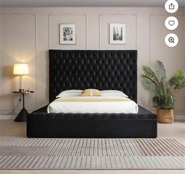 Luxury Black Velvet Queen Storage Bed | Tall Tufted Headboard | Platform Frame
